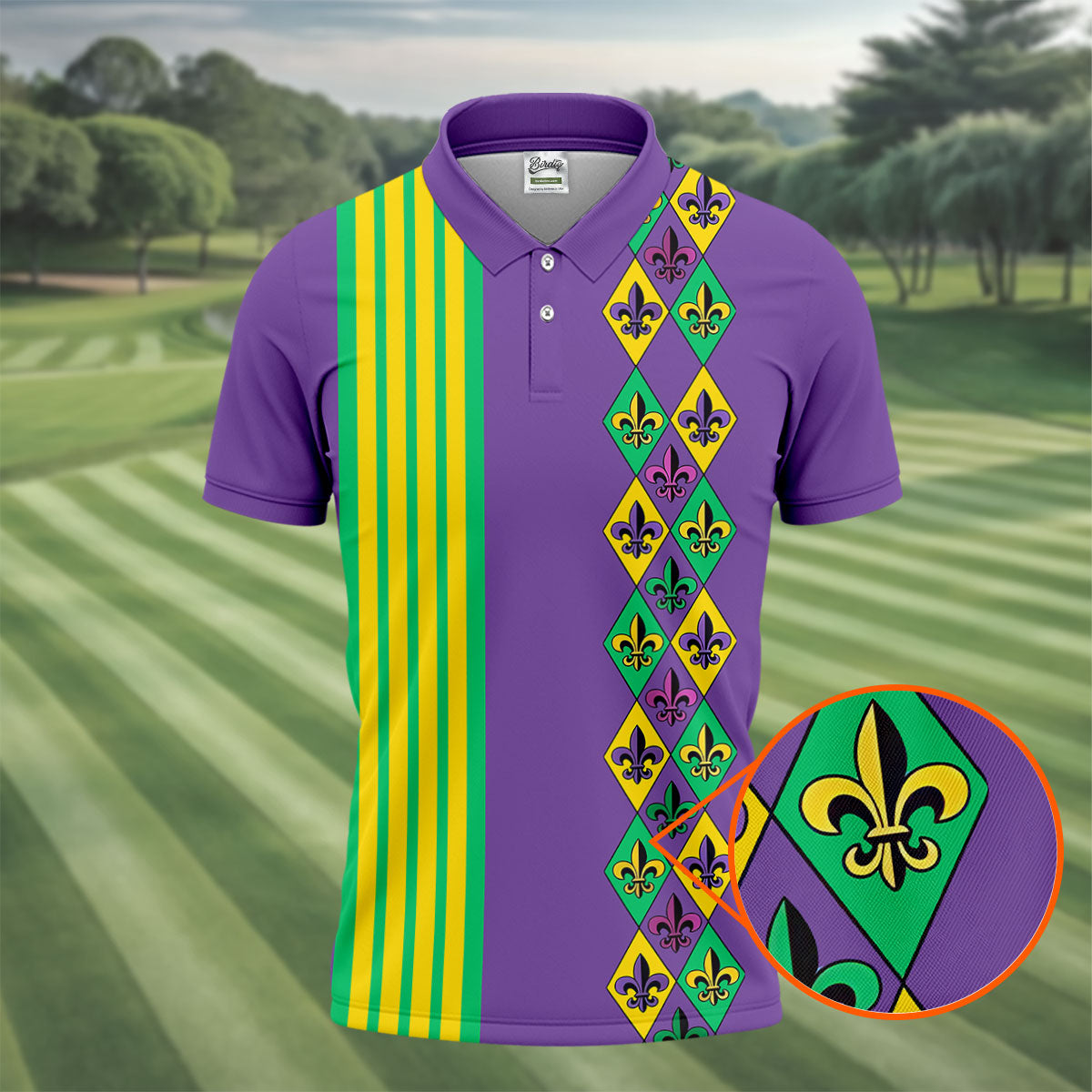 Fleur De Lis Argyle Pattern Purple Green Gold Stripes Golf Tops For Men, Polo ShirtFor Men, Golf Shirts For Men