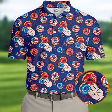 Donut Finger Funny Dirty American Flag Pattern Blue Golf Shirts For Men, 250th Anniversary Patriotic Golf Shirt