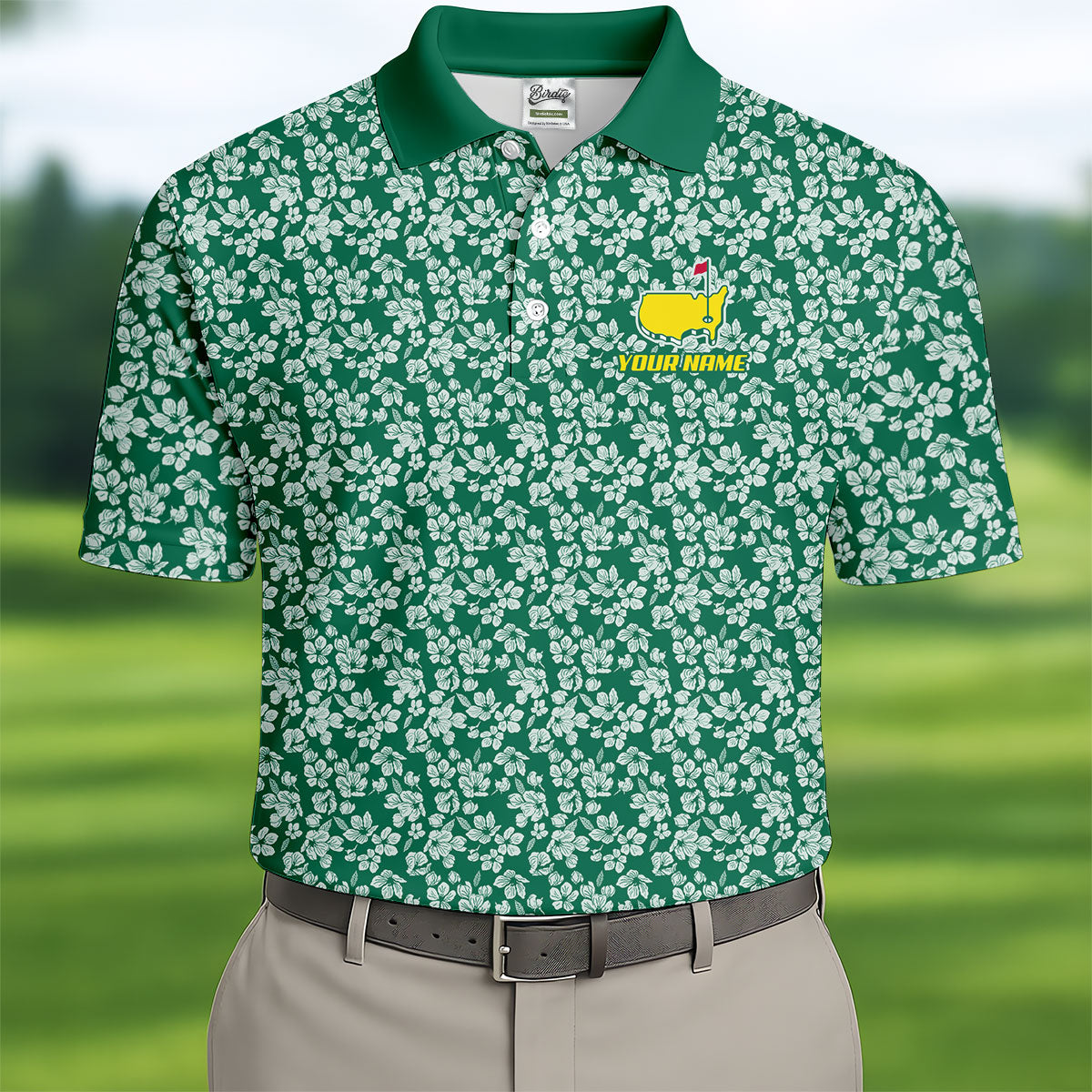 Floral Silhouette Green And White Golf Tops For Men, Golf Shirts For Men, Polo ShirtFor Men