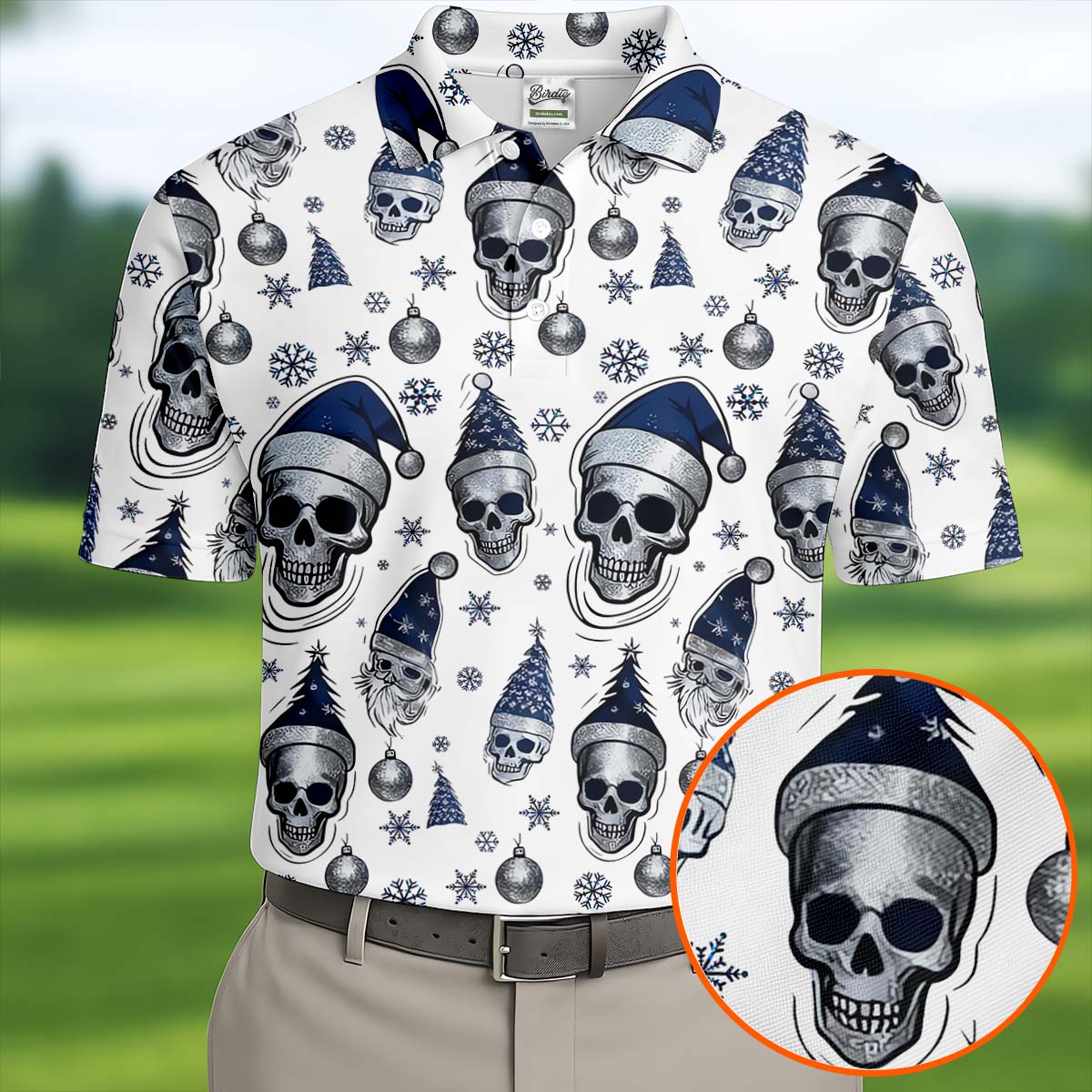 Vintage Skull Christmas Golf Shirt, White Polo Shirt, Cool Golf Gift, Golf Shirts For Men
