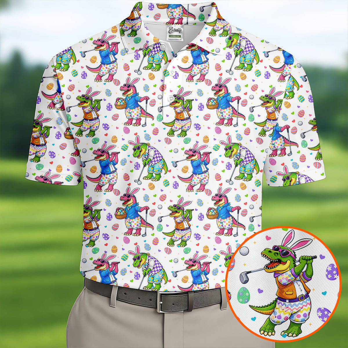 Easter Dinosaur Gradient Pattern Men's Funny Golf Shirts, Golf Shirts For Men, Polo ShirtFor Men
