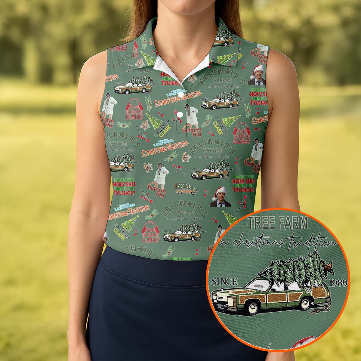 Tree Farm Moss Green Christmas Golf Shirt, Fun Women's Golf Shirts, Ladies Golf Polos