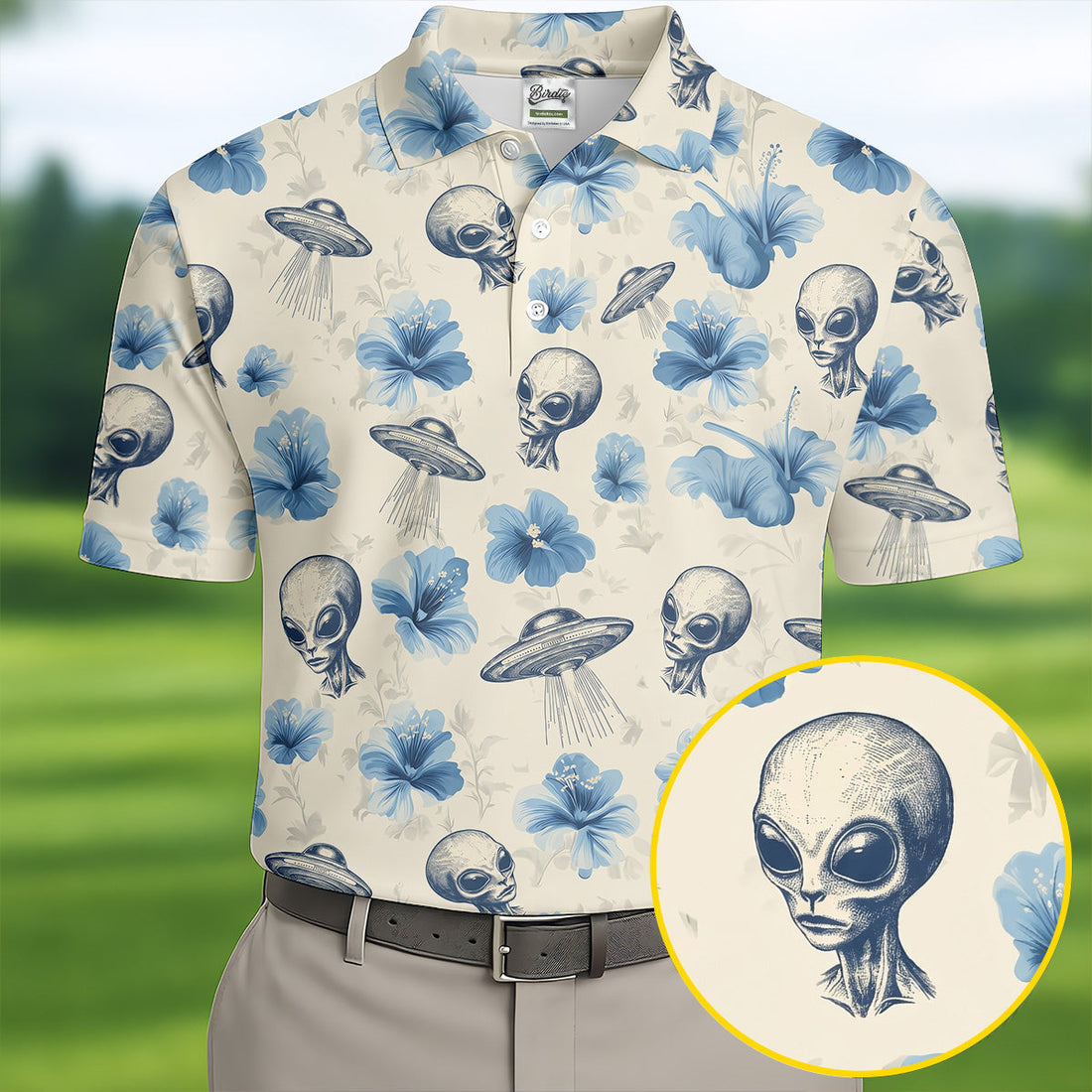 Funny Alien Blue Hibicus Tropical Theme Hawaiian Golf Shirt, Polo ShirtFor Men, Golfing Apparel