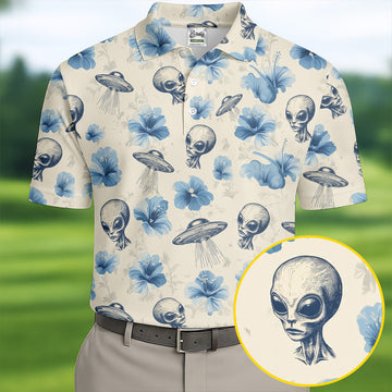 Funny Alien Blue Hibicus Tropical Theme Hawaiian Golf Shirt, Polo ShirtFor Men, Golfing Apparel