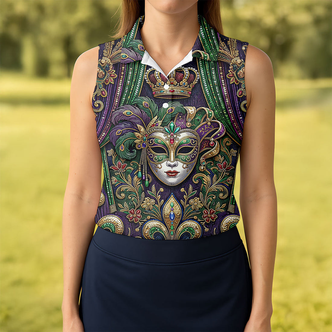Fleur De Lis Floral Crown Mardi Gras Mask Print Women's Golf Tops, Ladies Golf Shirts, Ladies Golf Polos
