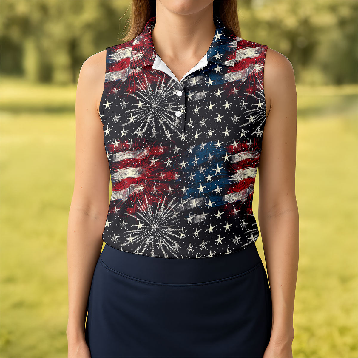 Patriotic American Flag Distressed Color 4th Of July Women Golf Top, 250th Anniversary Ladies Golf Shirts