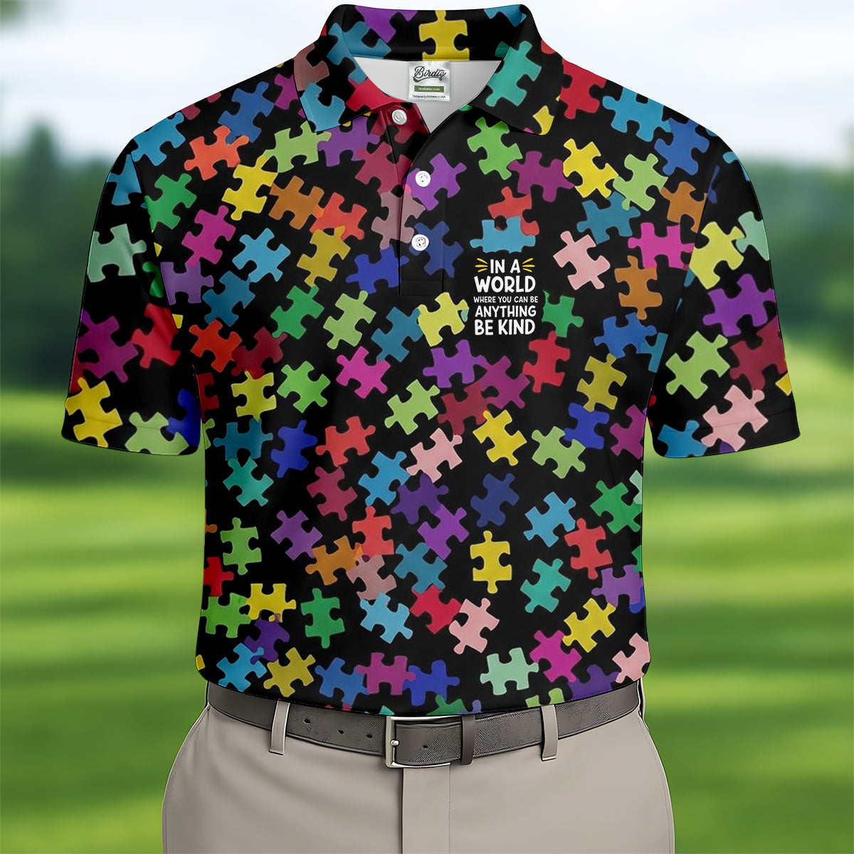 In A World Where You Can Be Anything Be Kind Autism Awareness Puzzle Pattern Men's Golf Shirt, Polo Shirt Men