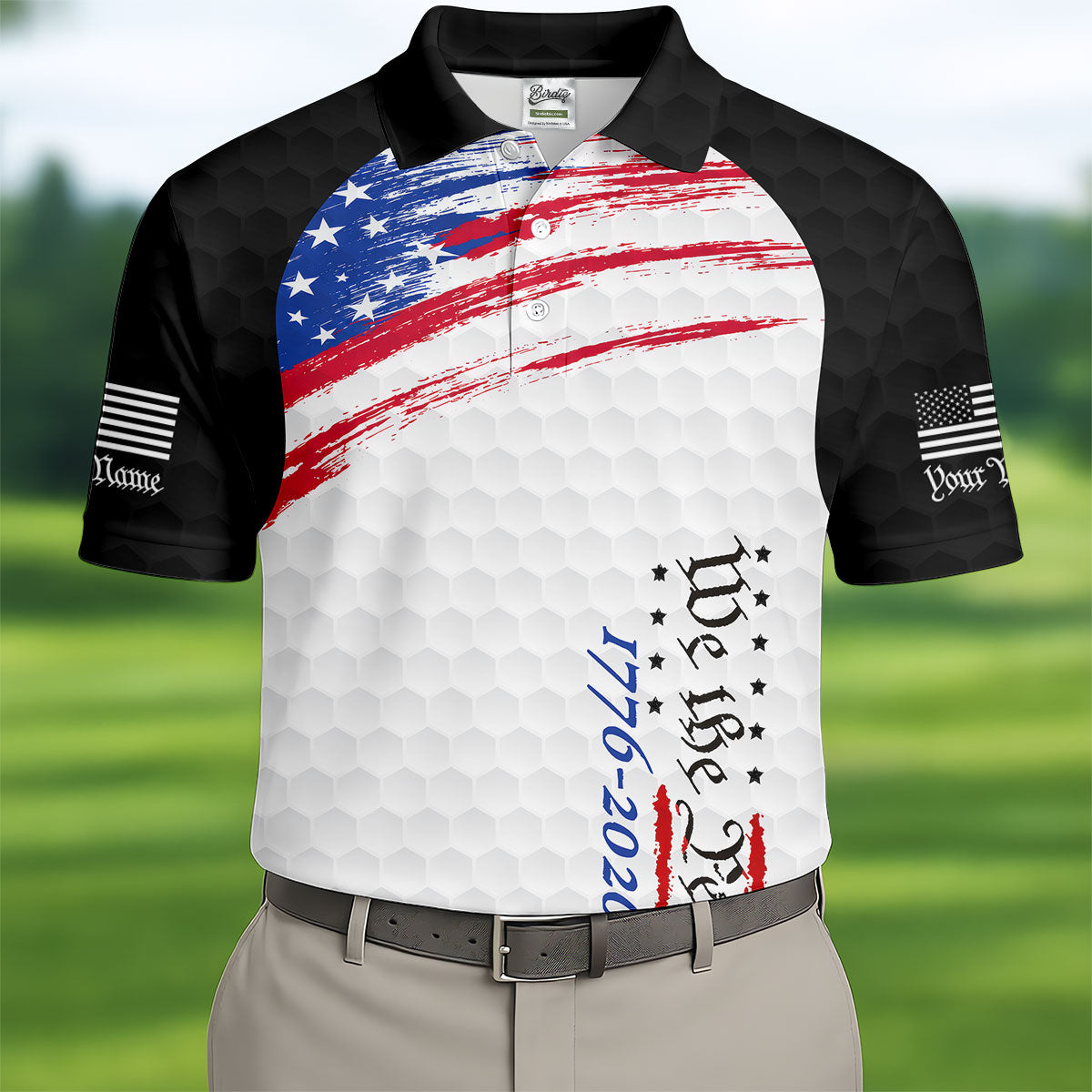 We The People 1776-2926 American Flag Brush Black Golf Shirt, 250 Years Patriotic 4th Of July Golf Shirts For Men