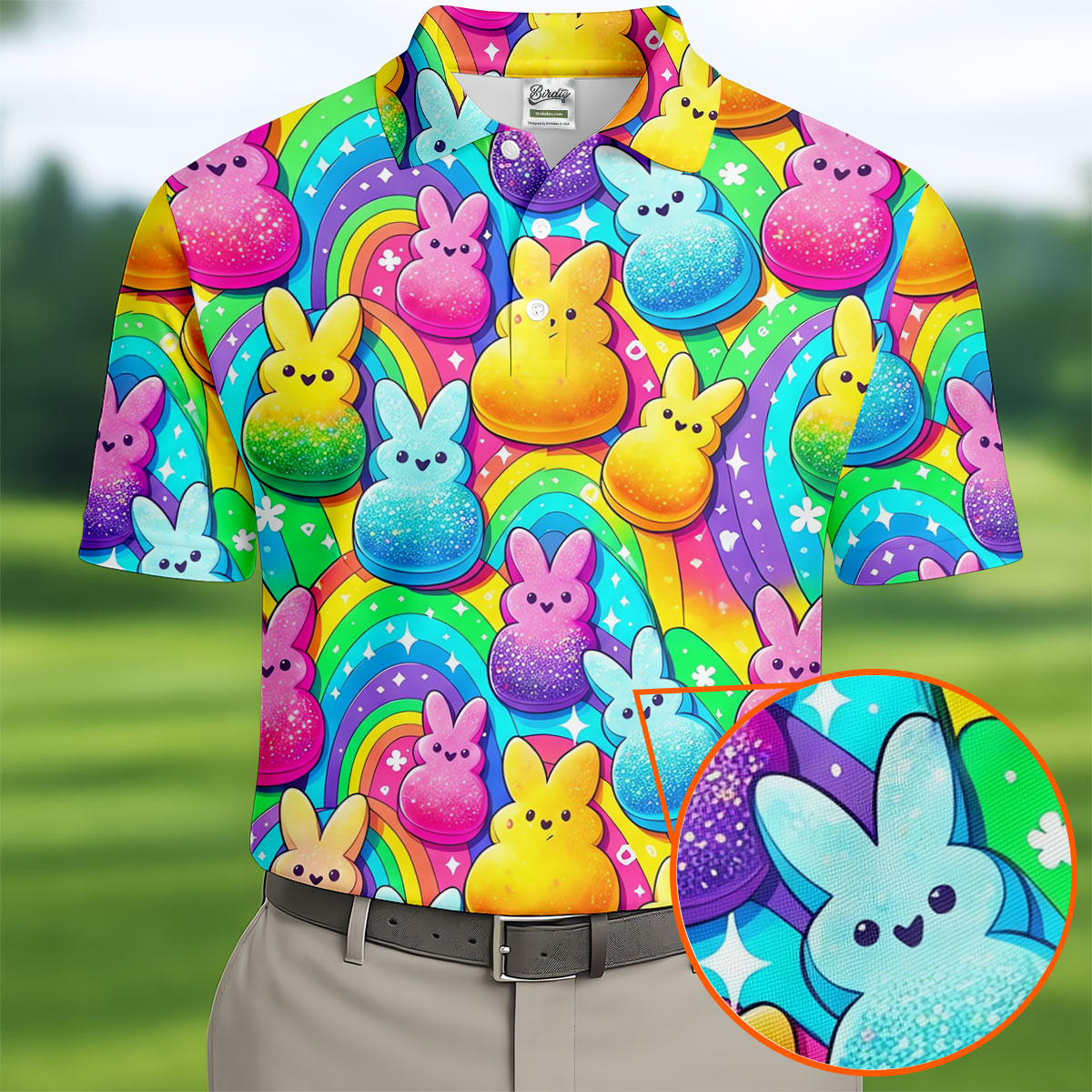 Colorful Easter Peeps Rainbow Pattern Golf Shirts For Men, Cute Golf Outfit, Polo ShirtFor Men