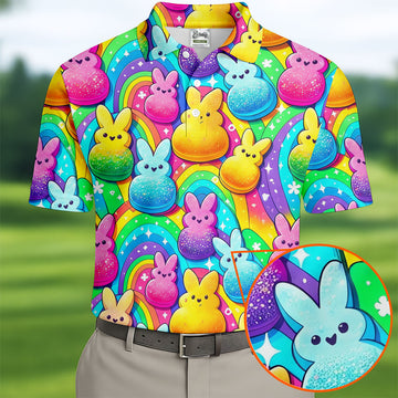 Colorful Easter Peeps Rainbow Pattern Golf Shirts For Men, Cute Golf Outfit, Polo ShirtFor Men