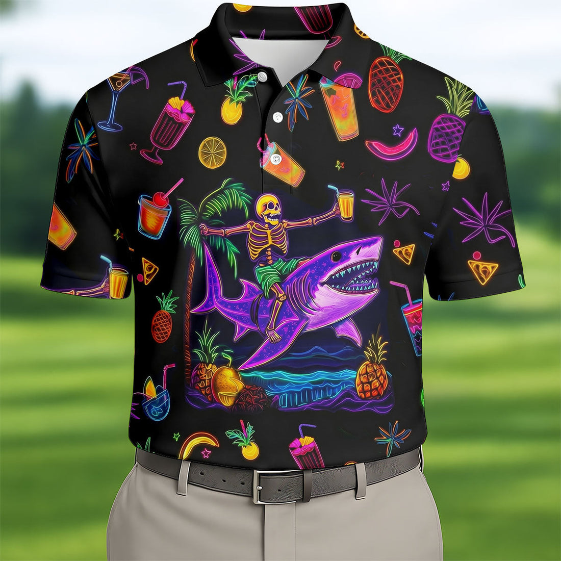 Neon Shark Beach Party Pattern Hawaiian Golf Shirt, Golf Shirts For Men, Polo Shirts For Men
