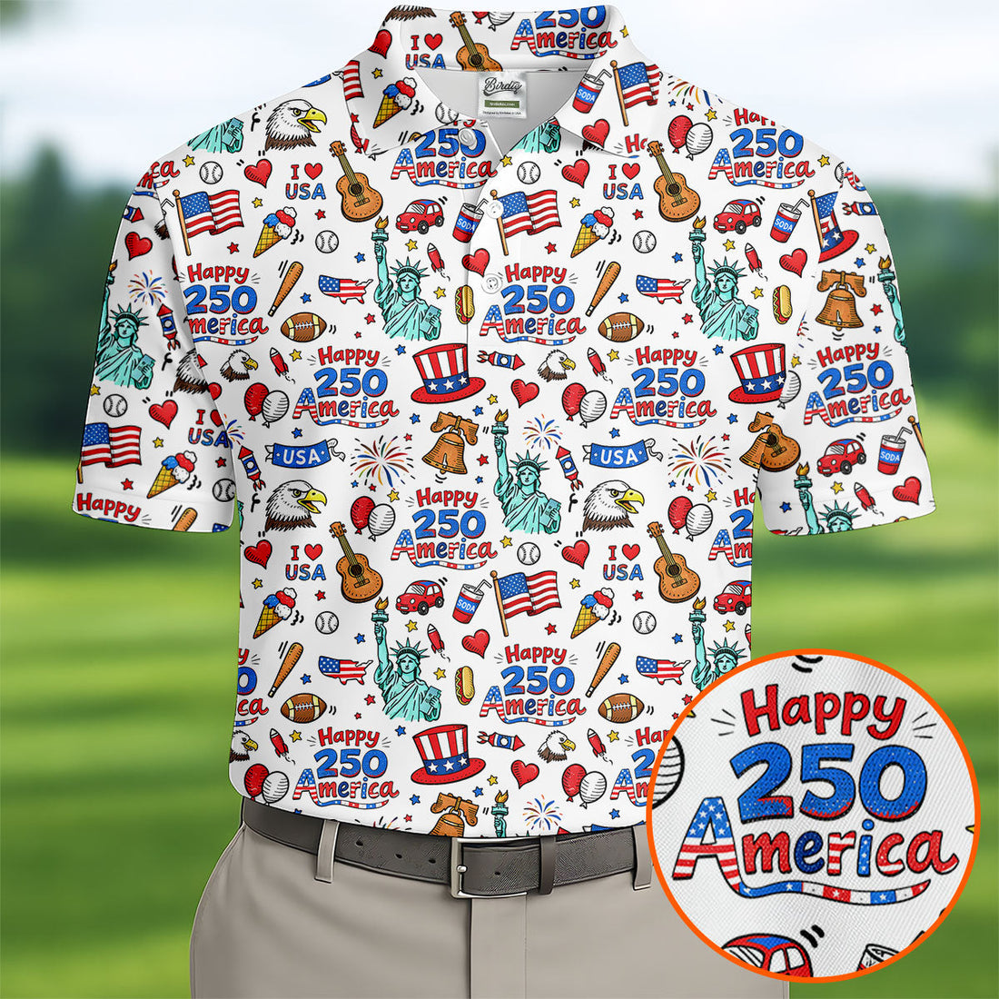 Happy 250 America Independence Celebration White Golf Shirt, Patriotic 4th Of July Golf Shirts For Men
