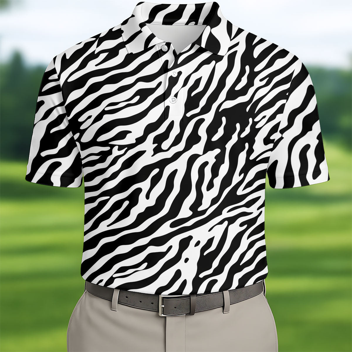 Zebra Print Golf Shirt, Black White Animal Pattern Men's Golf Polo, Polo Shirts For Men