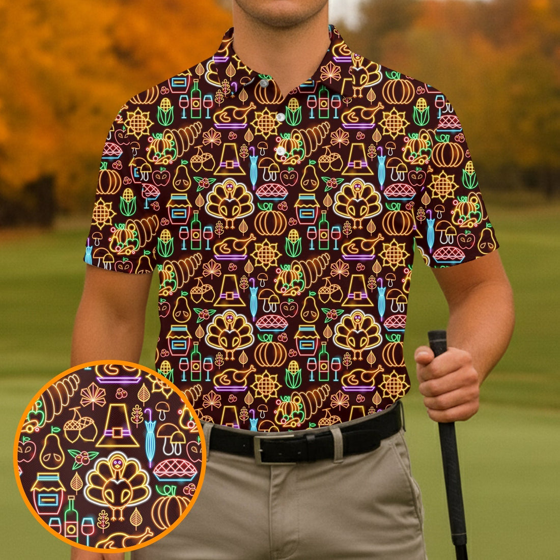 Thanksgiving Party Neon Print Golf Tops For Men, Polo Shirt Men, Golf Gift For Men