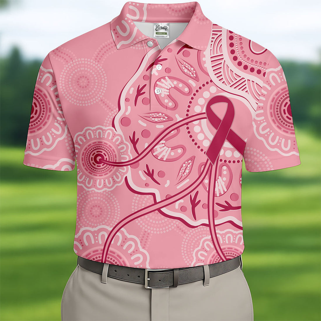 Australia Indigenous Pink Ribbon Men's Golf Shirt, Breast Cancer Awareness Shirt, Golf Shirts For Men