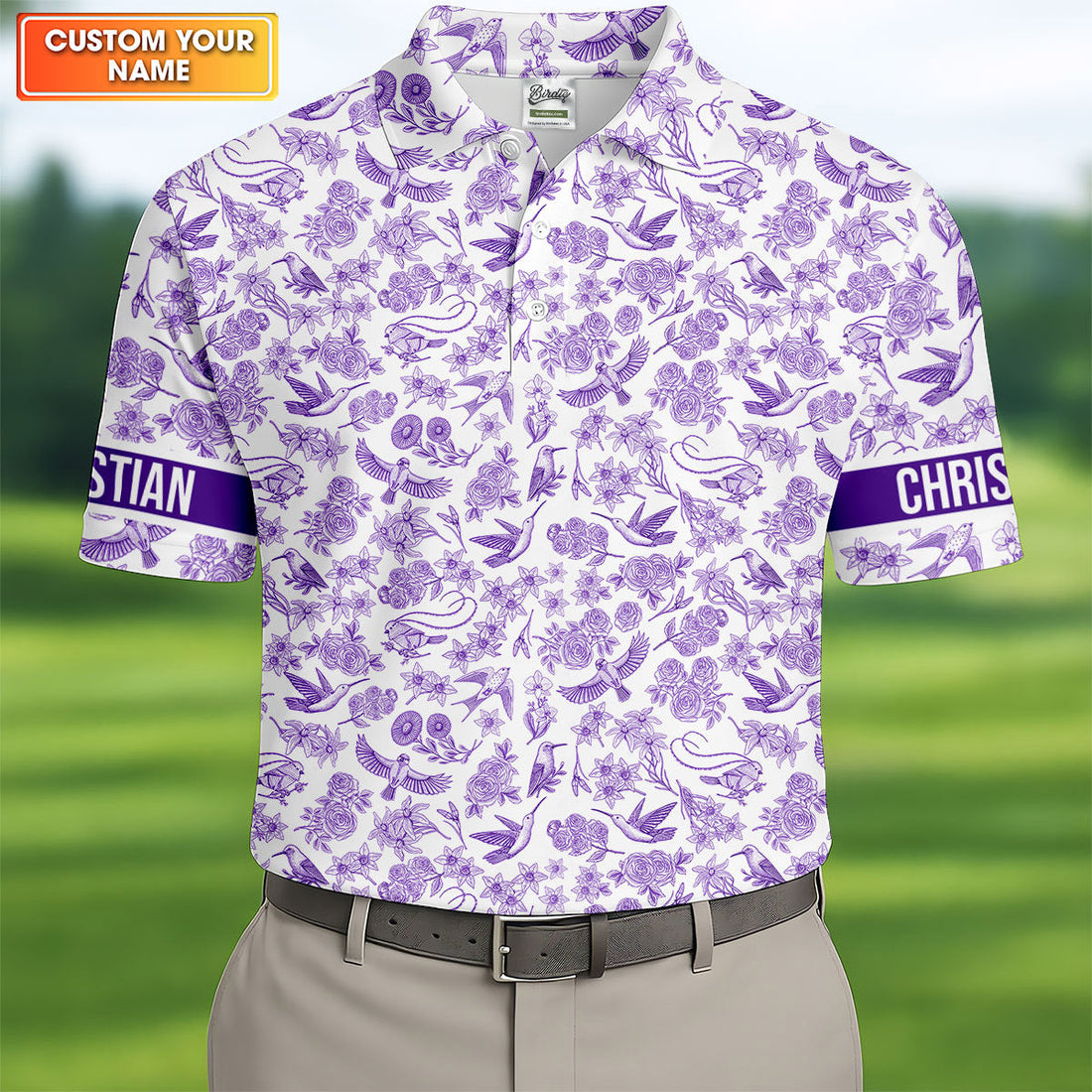 Custom Name Toile de Jouy Birds And Flowers Purple And White Polo ShirtFor Men, Golf Gift For Men