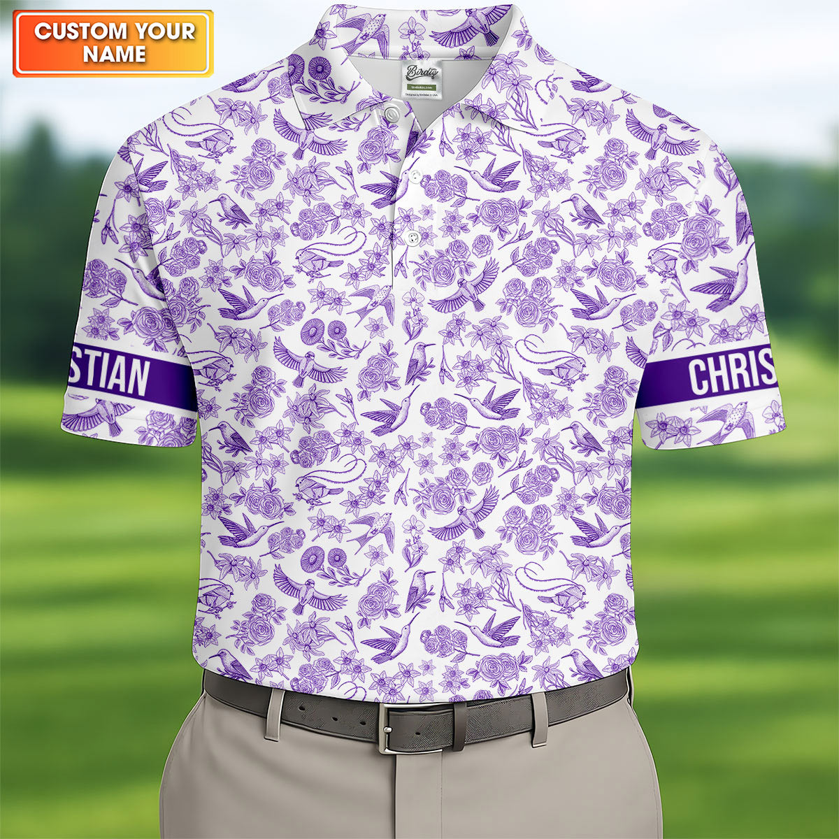 Custom Name Toile de Jouy Birds And Flowers Purple And White Polo ShirtFor Men, Golf Gift For Men
