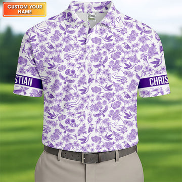 Custom Name Toile de Jouy Birds And Flowers Purple And White Polo ShirtFor Men, Golf Gift For Men