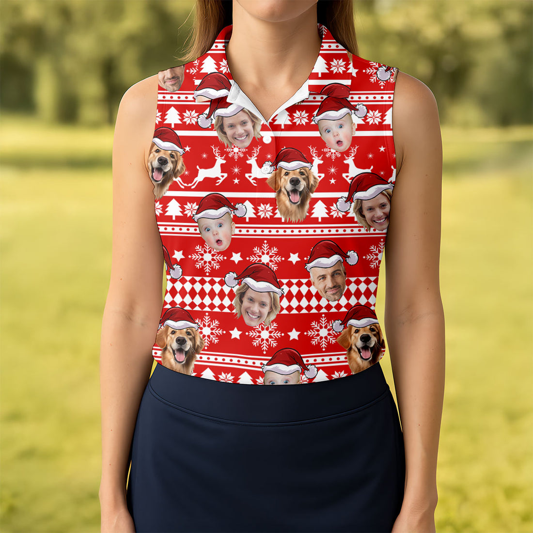 Custom Face Red And White Christmas Women's Golf Tops, Ladies Golf Shirts, Christmas Golf Gift