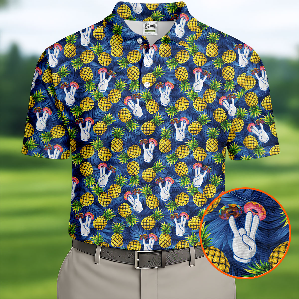 Hawaiian Pineapples Donut Finger Blue Green Yellow Fun Golf Shirts For Men, Polo ShirtFor Men