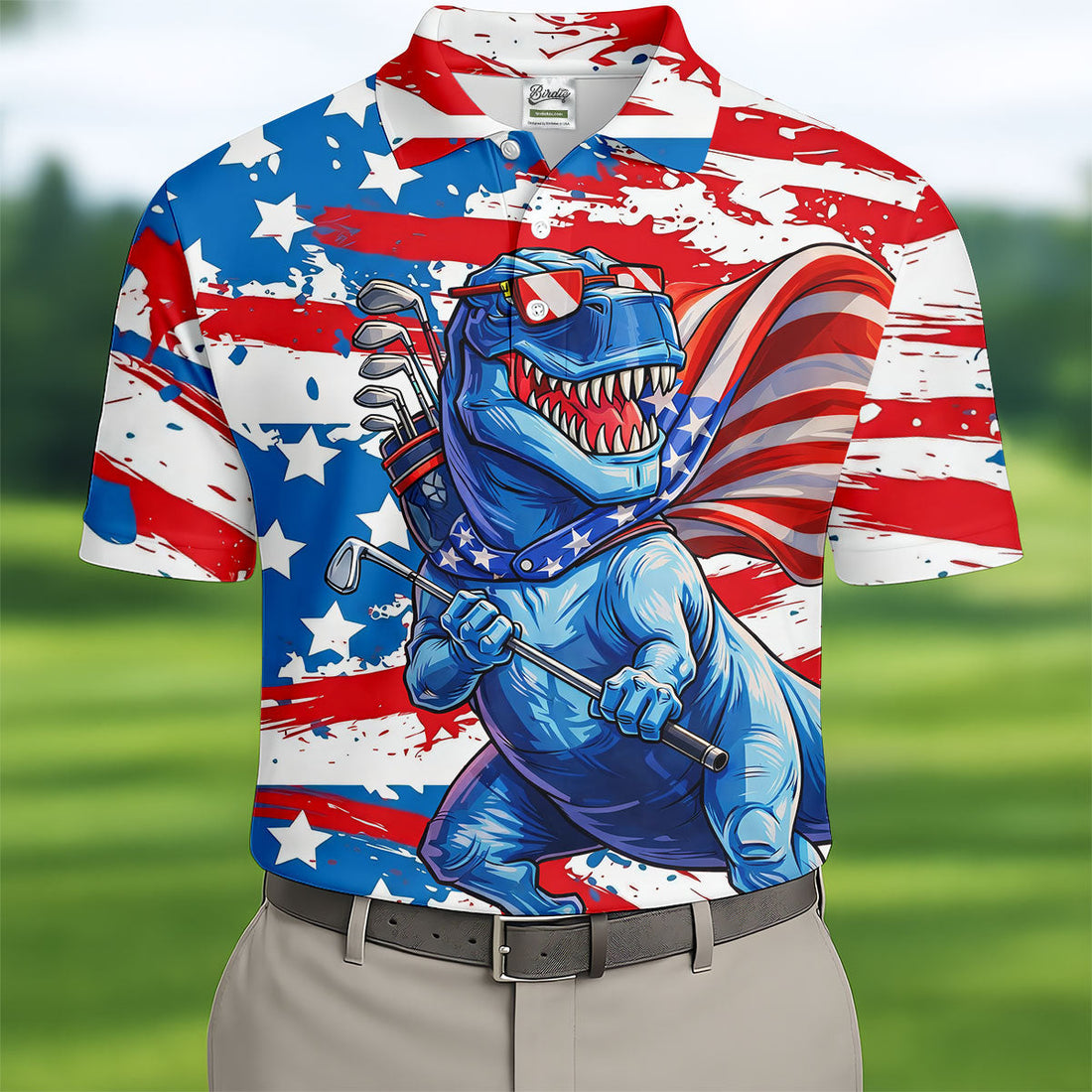 Funny Dinosaur USA Flag Print 250 Years Anniversary Golf Tops For Men, 4th Of July Patriotic Golf Shirt