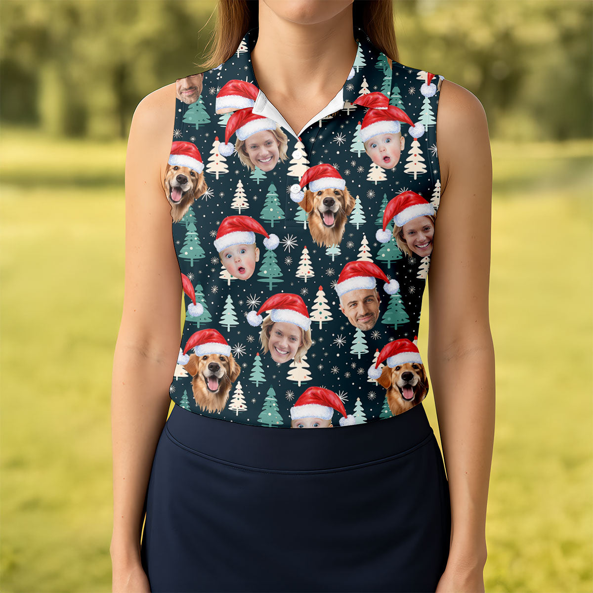 Custom Face Little Pine Tree Snowflake Pattern Christmas Golf Shirt, Women's Golf Tops, Golf Gift For Ladies