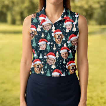 Custom Face Little Pine Tree Snowflake Pattern Christmas Golf Shirt, Women's Golf Tops, Golf Gift For Ladies