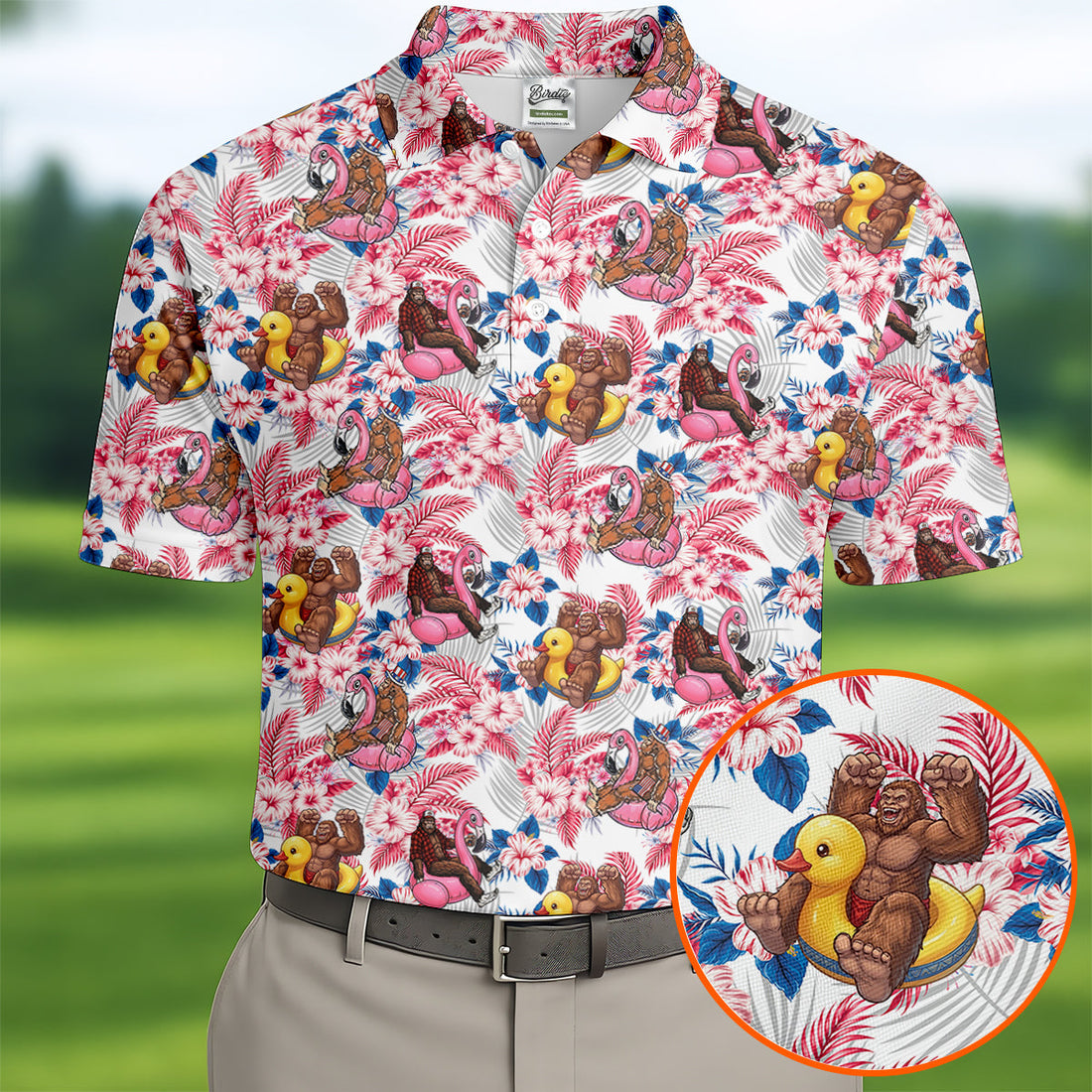 Funny Bigfoot Pool Party Hawaiian Golf Shirt, Red White Blue Tropical Flamingo Golf Shirts For Men