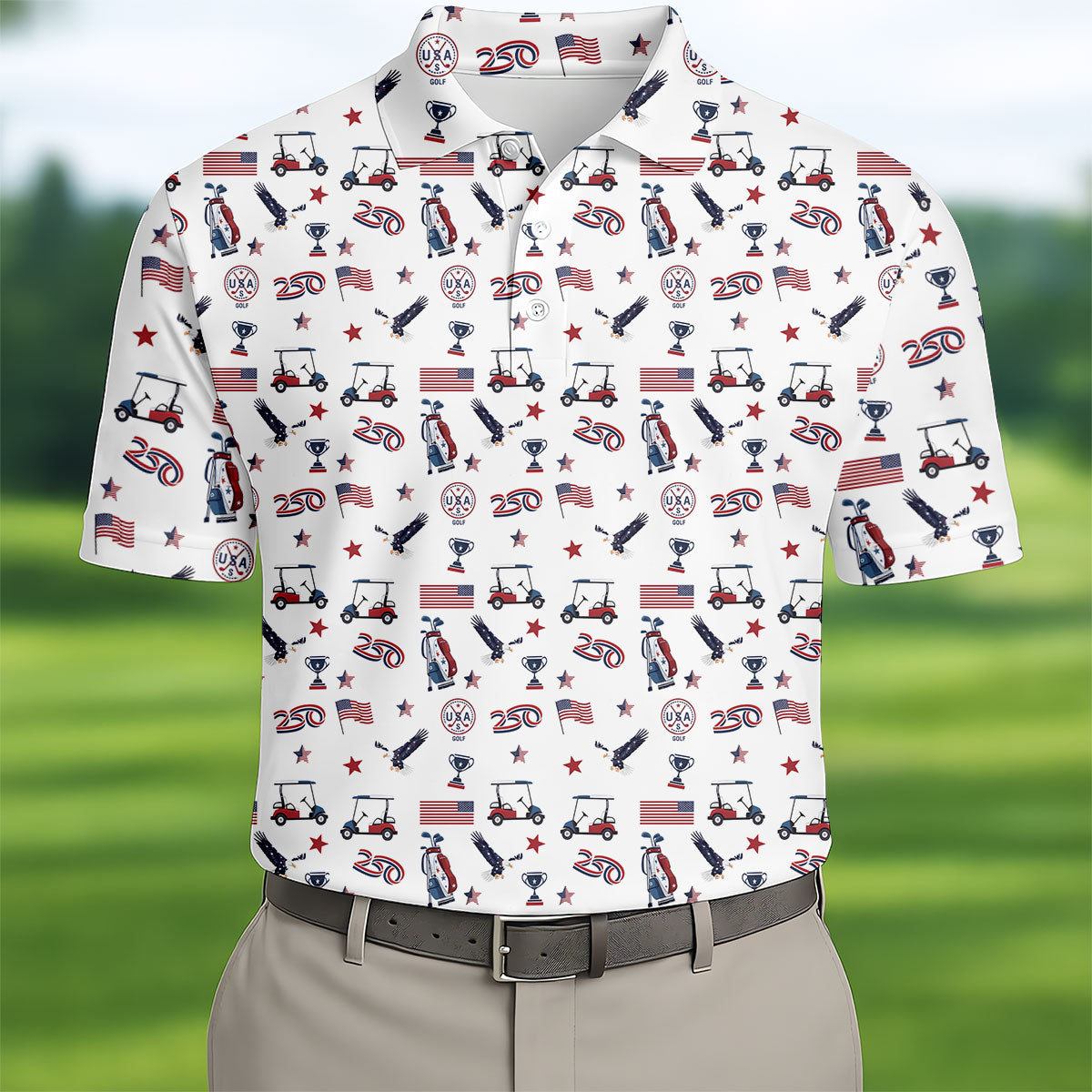 250 Years Golf Pattern Patriotic Golf Shirt, Golf Tops For Men, 4th Of July Golf Shirts For Men