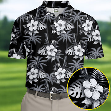 White Hibicus Black Hawaiian Golf Shirt, Tropical Summer Theme Golf Shirts For Men