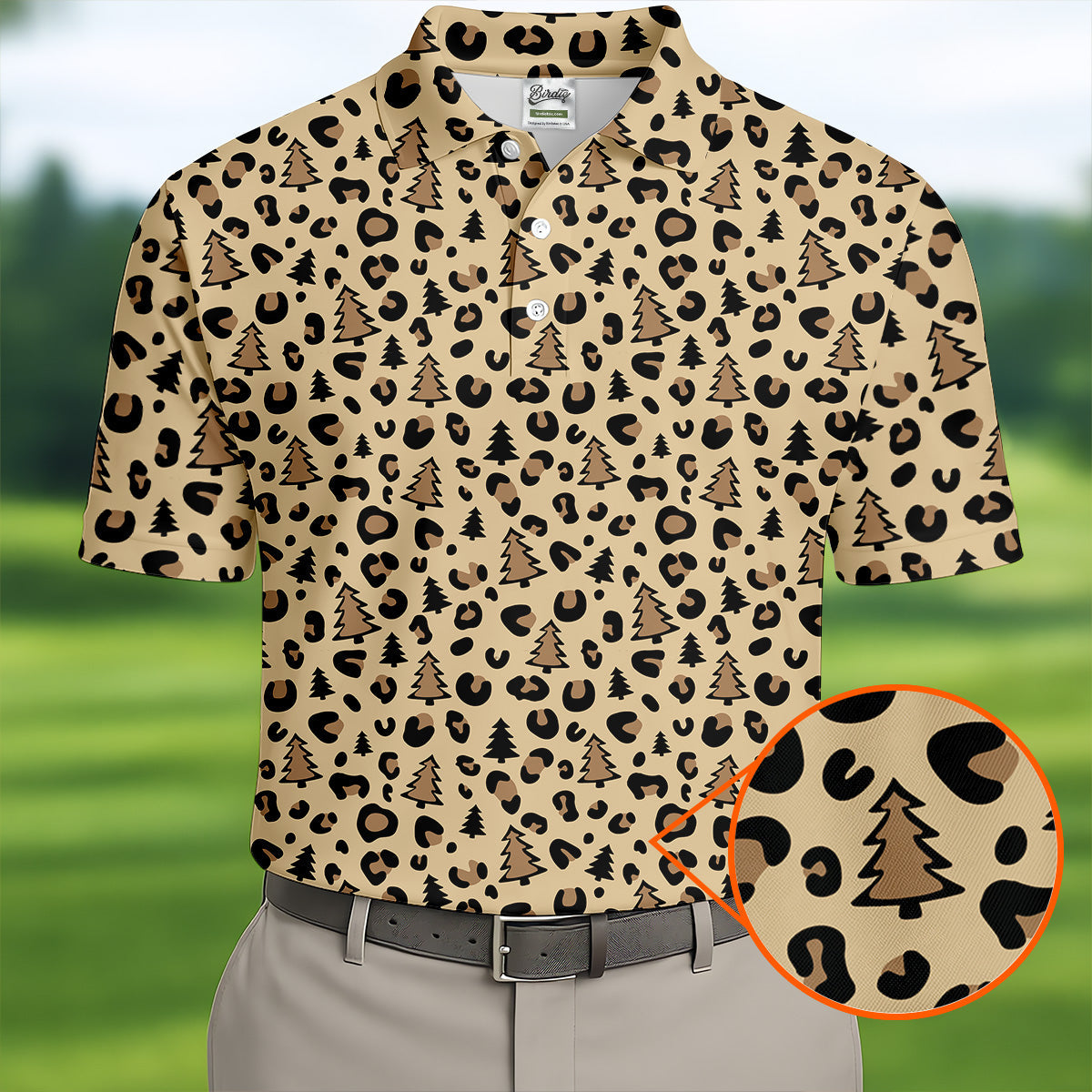 Xmas Pine Tree Leopard Pattern Brown Golf Shirt, Christmas Golf Shirt, Cute Golf Outfit, Polo ShirtFor Men