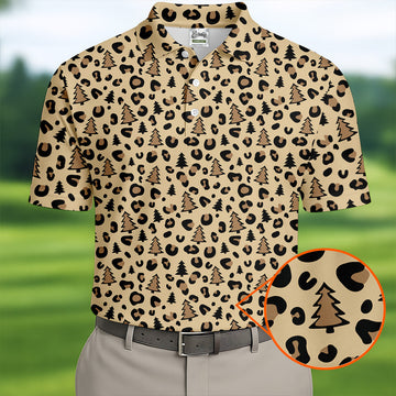 Xmas Pine Tree Leopard Pattern Brown Golf Shirt, Christmas Golf Shirt, Cute Golf Outfit, Polo ShirtFor Men