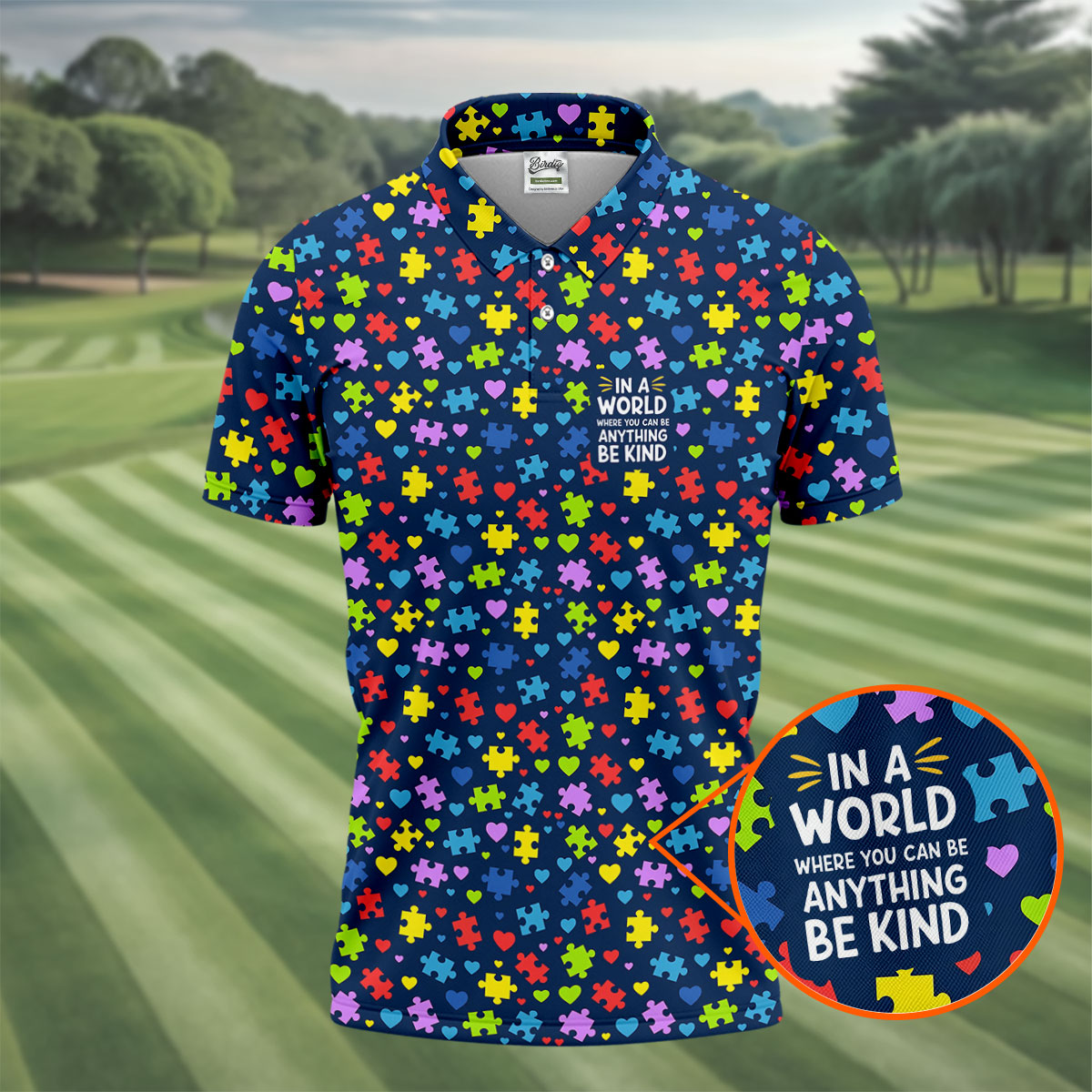 In A World Where You Can Be Anything Be Kind Autism Awareness Puzzle Pattern Navy Golf Shirt, Polo ShirtFor Men