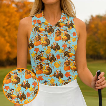 Turkey Pumpkin Thanksgiving Holiday Blue And Orange Ladies Golf Tops, Women Golf Top, Golf Gift For Ladies