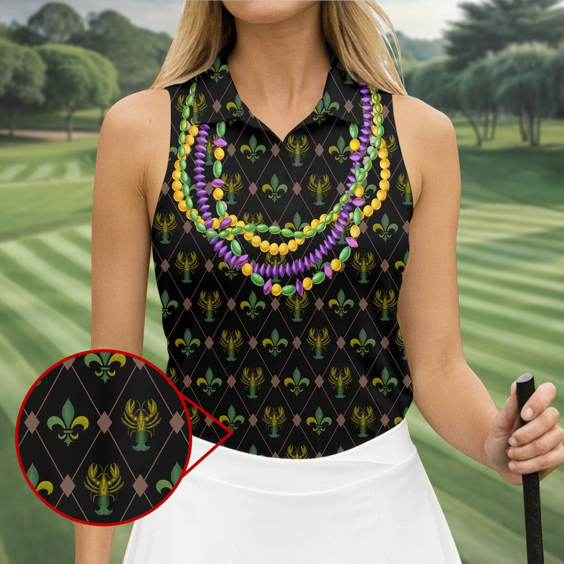 Mardi Gras Purple Green Gold Beads Chain Fleur De Lis Argyle Pattern Black Golf Shirt, Women's Golf Tops