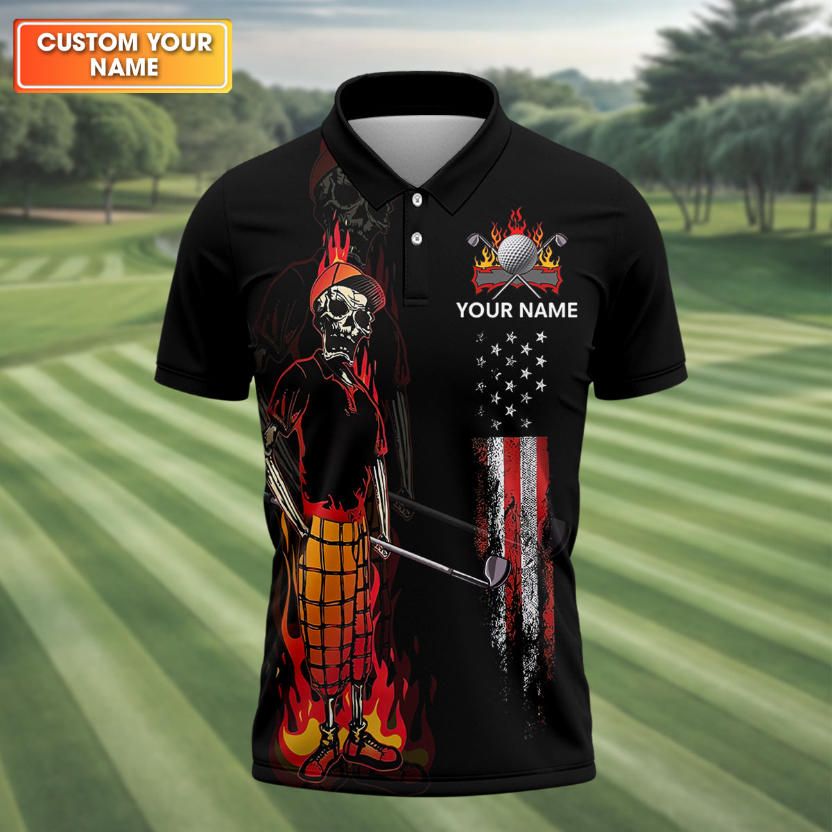 Custom Flaming Skeleton Men's Golf Polo Shirtens Golf Gift, Funny Golf Shirt
