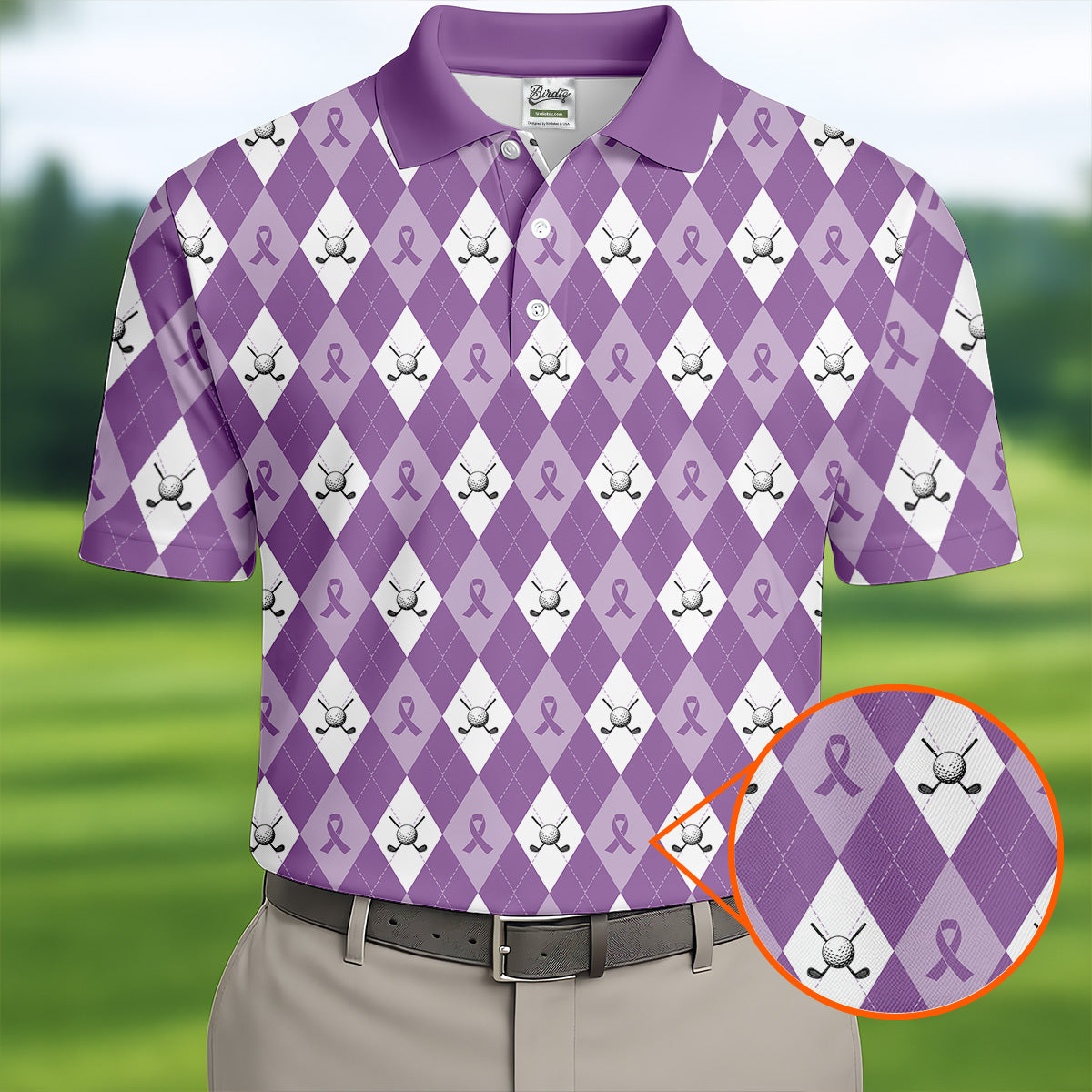 Pancreatic Cancer Purple And White Argyle Pattern Golf Tops For Men, Cancer Awareness Shirt