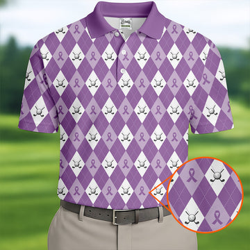 Pancreatic Cancer Purple And White Argyle Pattern Golf Tops For Men, Cancer Awareness Shirt