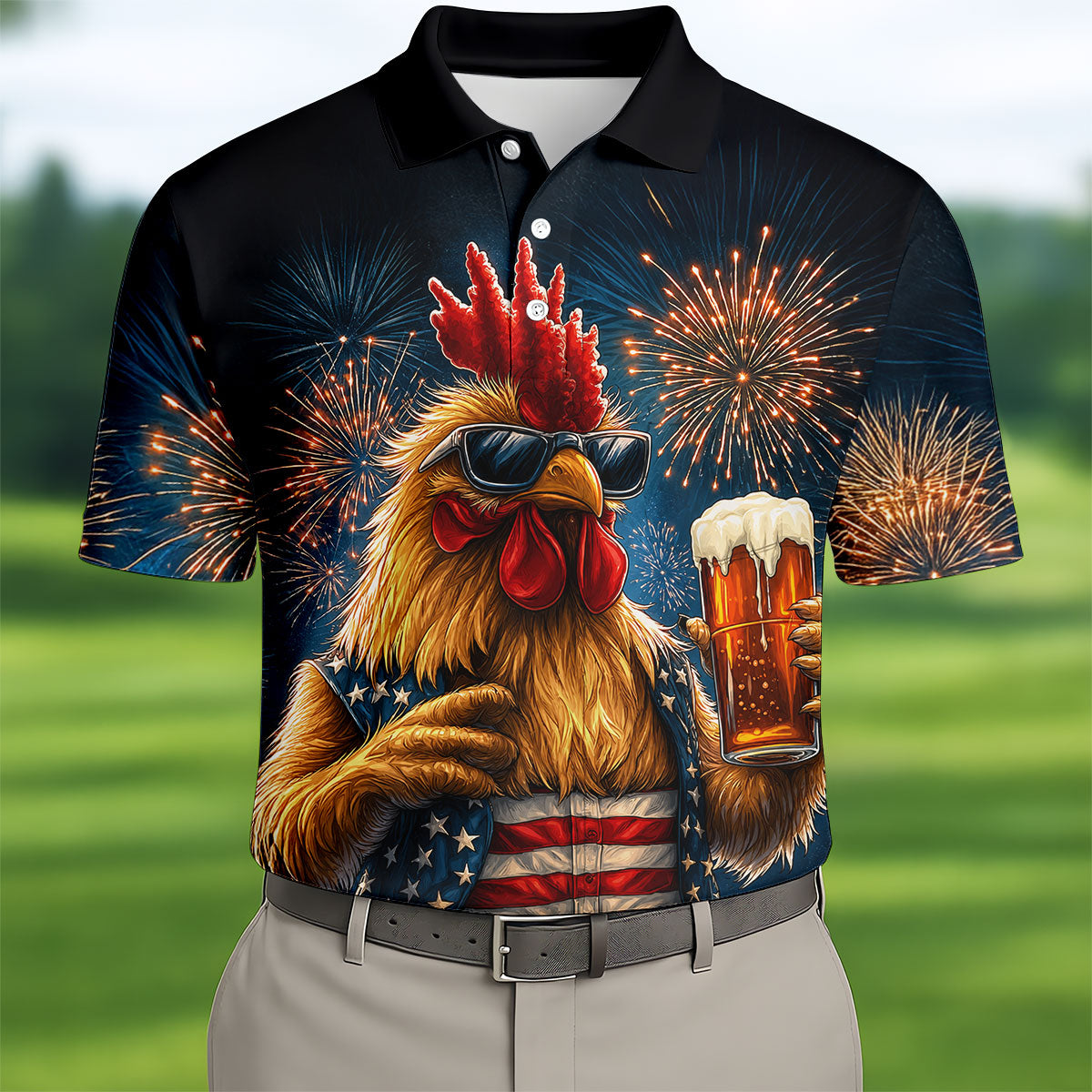 Rooster Beer USA Patriotic Hawaiian Golf Shirt, 250th Anniversary Tropical Vibe Men's Golf Shirt