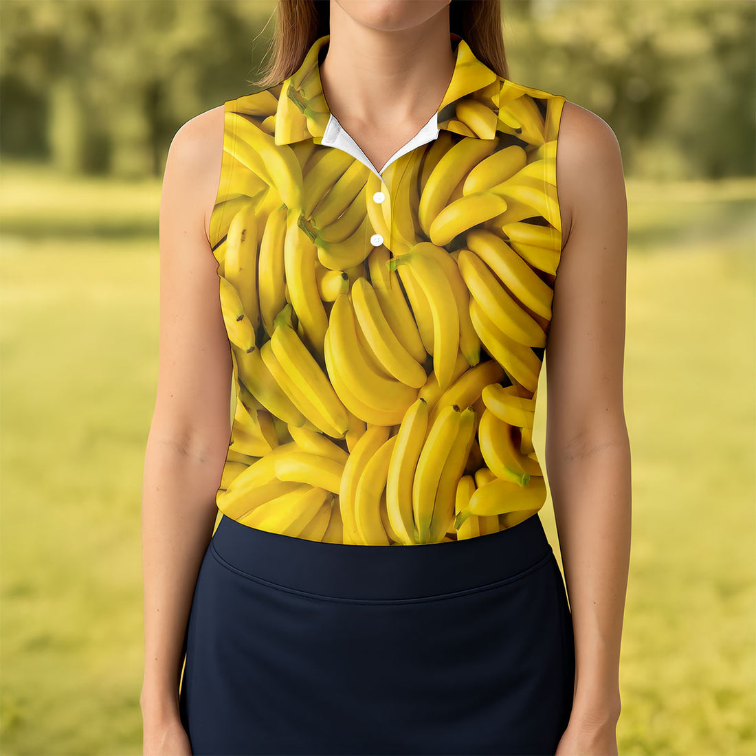 Realistic Banana Print Hawaiian Golf Shirt, Golf Tops For Women, Performance Golf Shirt