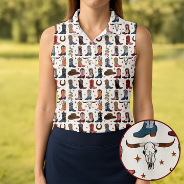 Western Cowboy Boots Horseshoes Pattern Retro Golf Shirt, Ladies Golf Polos, Golf Shirt For Women