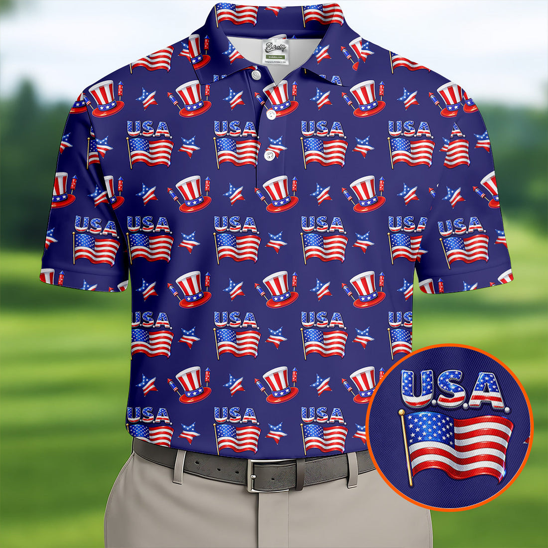 Waving Flags Uncle Sam Hats Seamless Pattern 250th Anniversary Golf Shirts For Men, Patriotic Golf Shirt