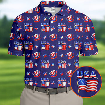 Waving Flags Uncle Sam Hats Seamless Pattern 250th Anniversary Golf Shirts For Men, Patriotic Golf Shirt