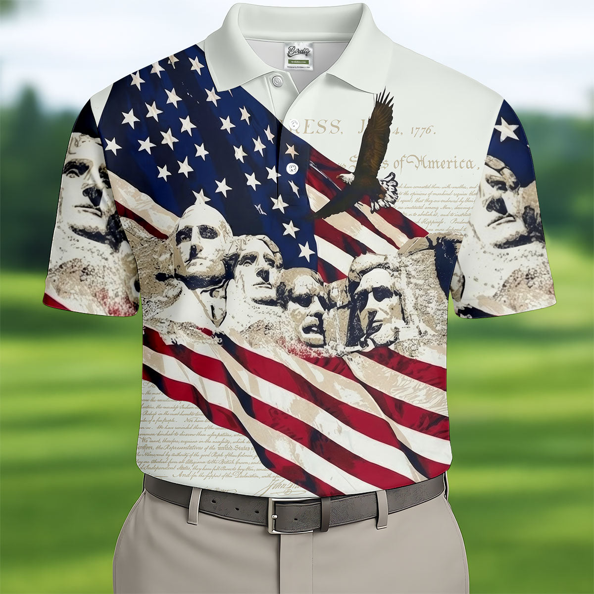 Mount Rushmore American Flag Pattern 4th Of July Patriotic Golf Shirt, 250th Anniversary Golf Shirts For Men