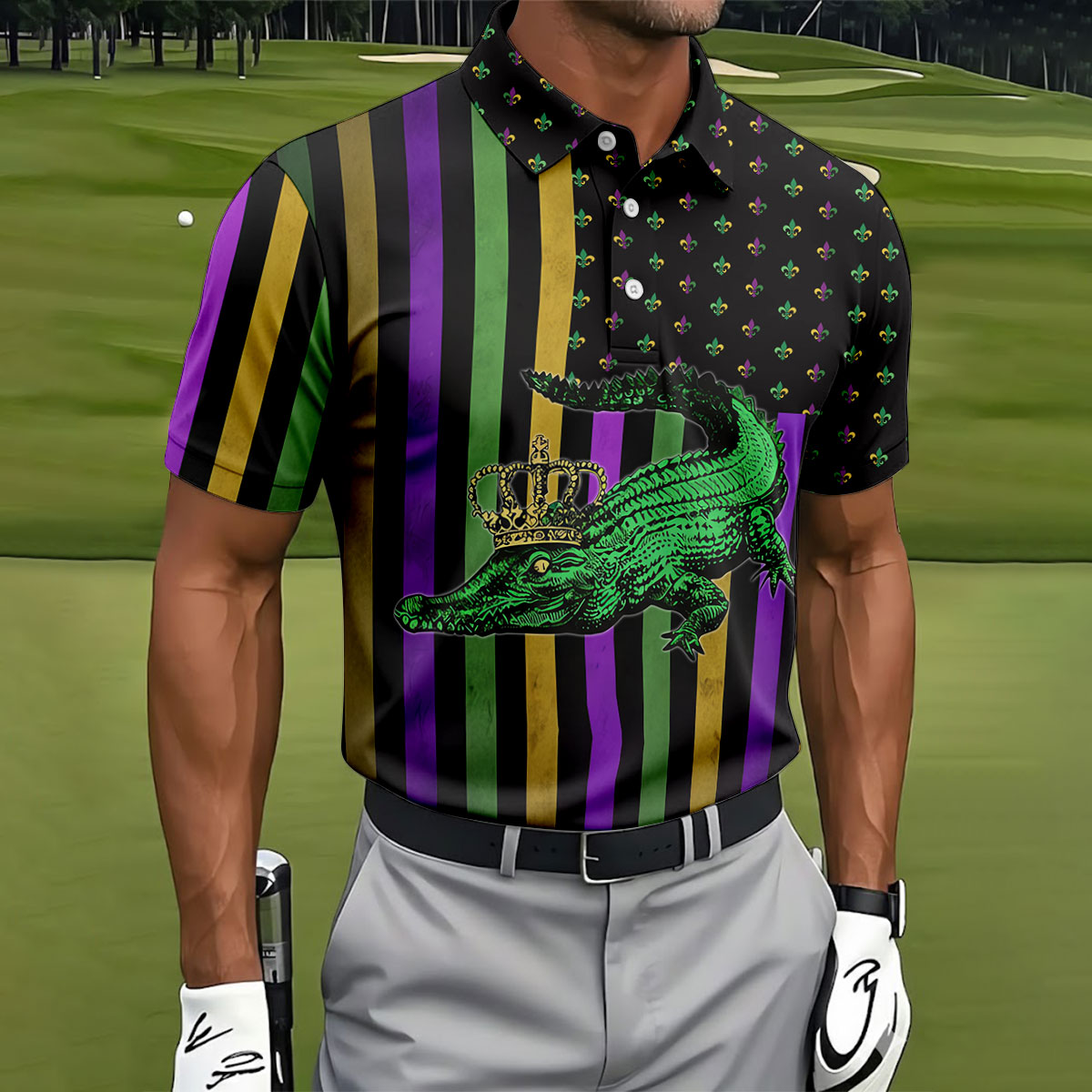 Mardi Gras Aligator Purple Green Gold Vertical Stripes Fleur De Lis Golf Tops For Men, Polo ShirtFor Men