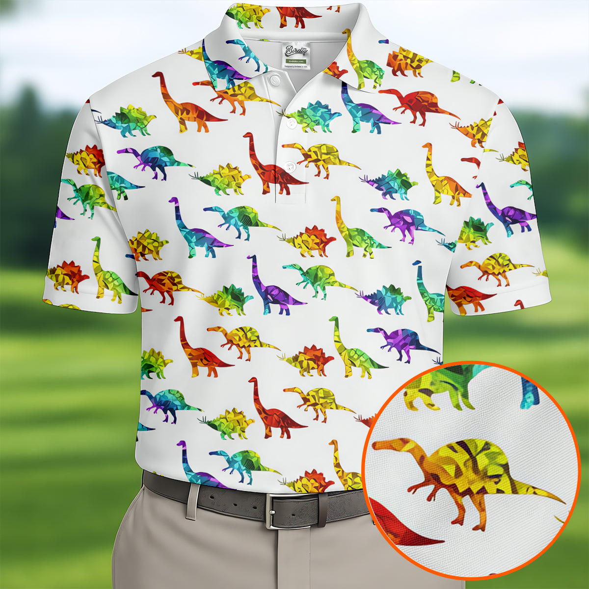 Colorful Dinosaur White Golf Shirt, Golf Tops For Men, Golf Shirts For Men, Polo ShirtFor Men