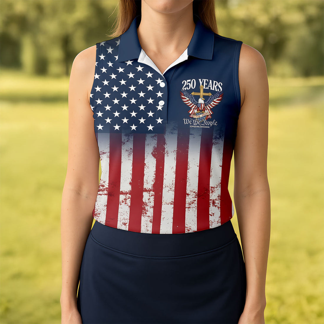 250 Years We The People Bald Eagle US Flag Cross Faith Golf Shirt For Women, Patriotic Golf Shirt