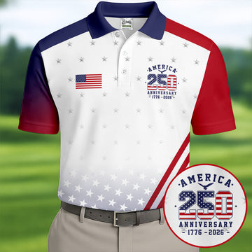 America 250 Anniversary 1776-2026 Flag Logo Golf Shirts For Men, Patriotic 4th Of July Golf Shirt