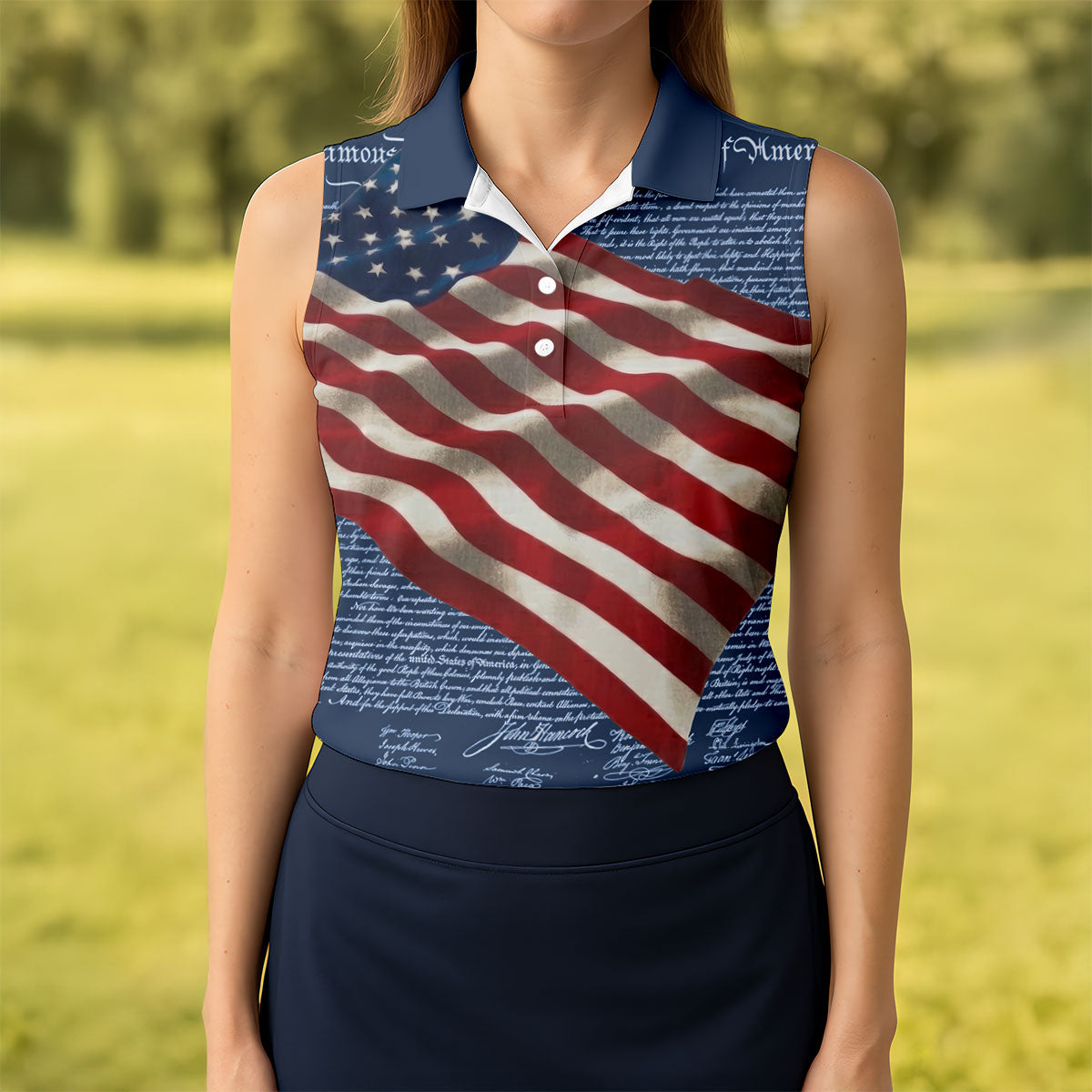 Patriotic American Flag Declaration Of Independence 4th Of July Navy Golf Shirt, 250th Anniversary Ladies Golf Shirts