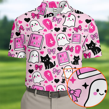 Halloween Boo And Cat Coquette Pink Golf Tops For Men, Fun Golf Shirts For Men, Polo ShirtFor Men